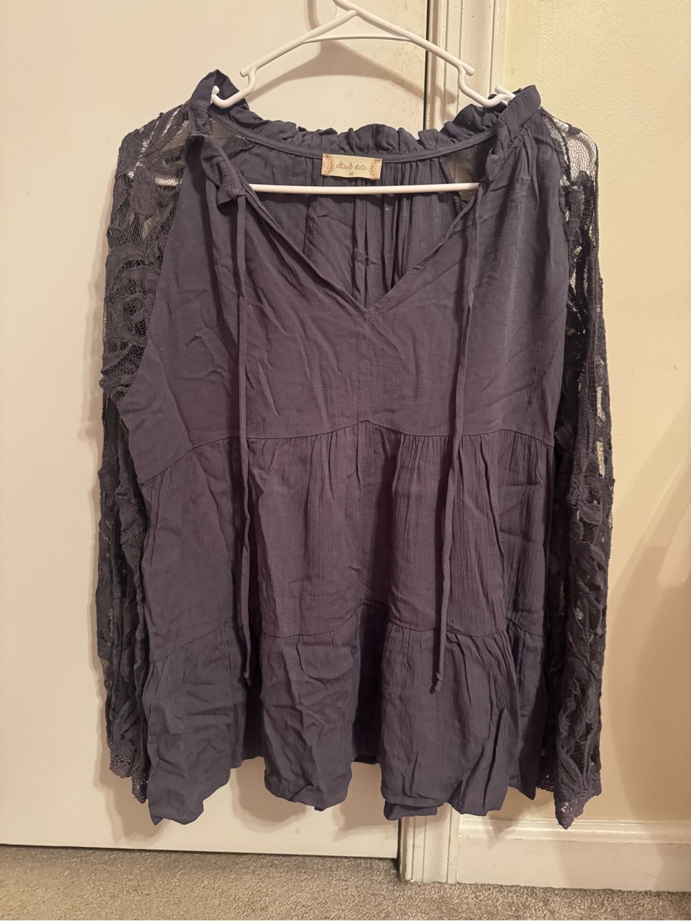 Altar'd State Slate Blue Lace-Sleeve Peasant Tunic